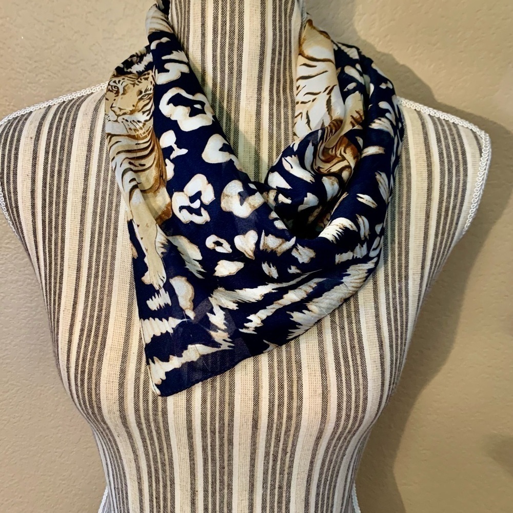 Animal Print Scarf Blue Big Cats Gold Orange Tiger Leopard Cheetah Classy - Picture 3 of 13
